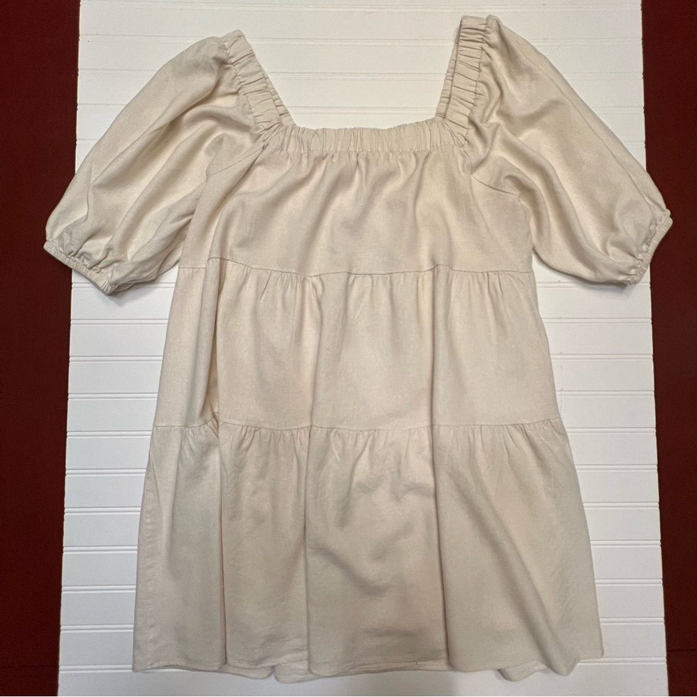 Saints & Hearts Cream Off-Shoulder Puff Sleeve Linen Blend Mini Dress Size L - Picture 3 of 11